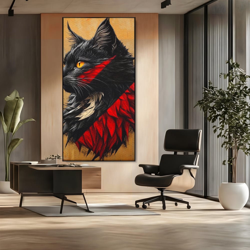 Tablou canvas cu tablou canvas cu motan negru in profil, in rama de aluminiu negru, pe perete intr-un birou
